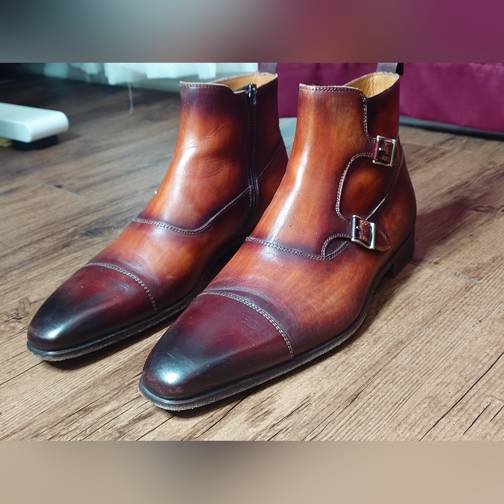 Magnanni Double Monk Strap Burnished Cap Toe Ankle Boots Cognac, Men's 10 M